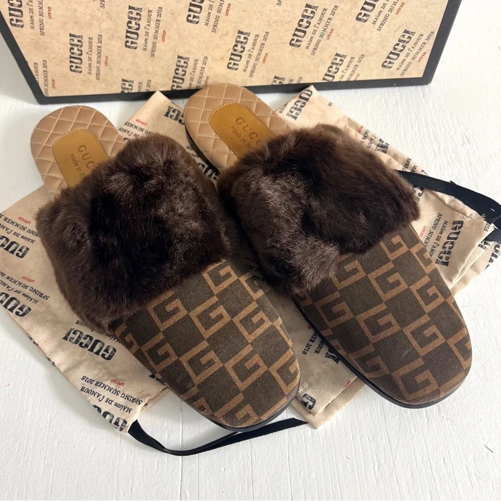 Gucci Men's Lawrence Faux Fur Suede GG Logo Slides Size 12 Chocolate Brown - Picture 1 of 13